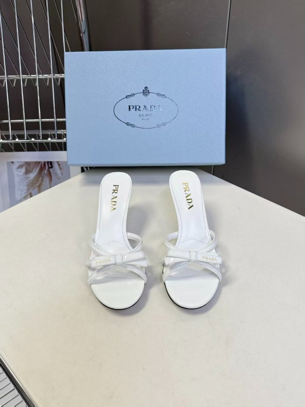 Prada White Bow Crisscross Strap Heeled Slide Mules